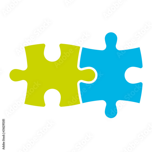 Jigsaw puzzle of two pieces. Team cooperation, teamwork or solution business theme. Simple flat vector illustration