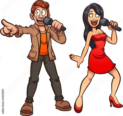 Karaoke singing male and female couple. Vector cartoon clip art illustration with simple gradients. Each on a separate layer.