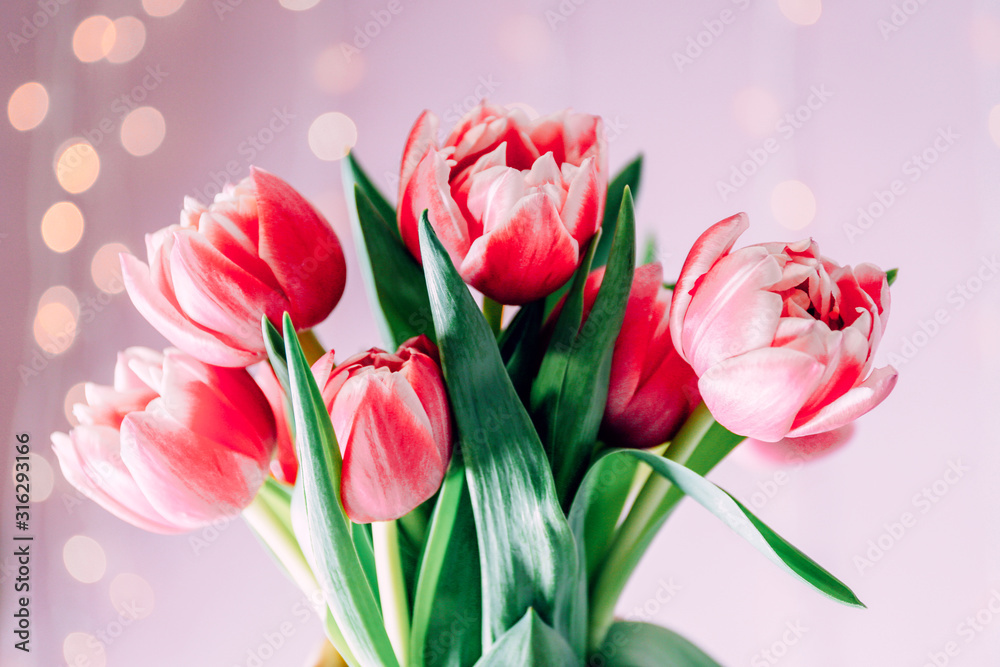 Beautiful bouquet of pink tulips on blurred light background