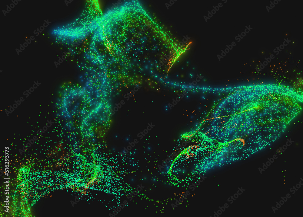 3d generated colored particles stoped motion in black dark space