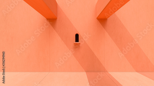 Minimal pastel orange pink architectural background with wall and floor and a small window on sunny day and shadow, 3d rendering