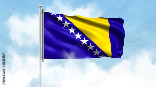 Bosnia and Herzegovina Flag Waving with Clouds Sky Background