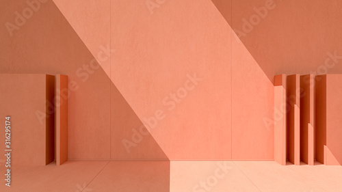 Minimal pastel orange pink architectural background with wall and floor on sunny day and shadow, 3d rendering