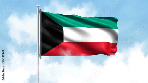 Kuwait Flag Waving with Clouds Sky Background