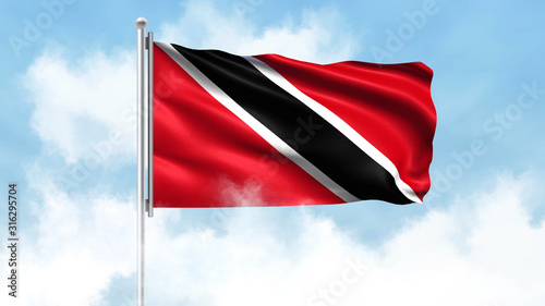 Trinidad and Tobago Flag Waving with Clouds Sky Background