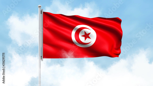 Tunisia Flag Waving with Clouds Sky Background