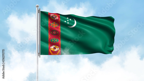 Turkmenistan Flag Waving with Clouds Sky Background