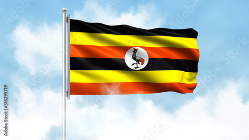 Uganda Flag Waving with Clouds Sky Background