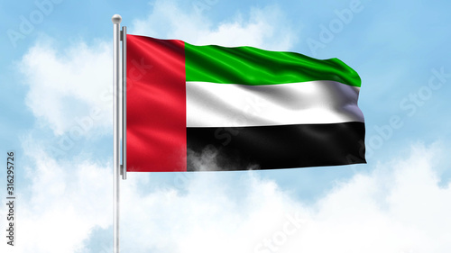 United Arab Emirates Flag Waving with Clouds Sky Background
