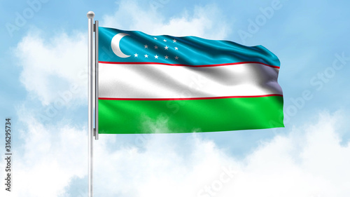 Uzbekistan Flag Waving with Clouds Sky Background