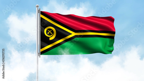 Vanuatu Flag Waving with Clouds Sky Background