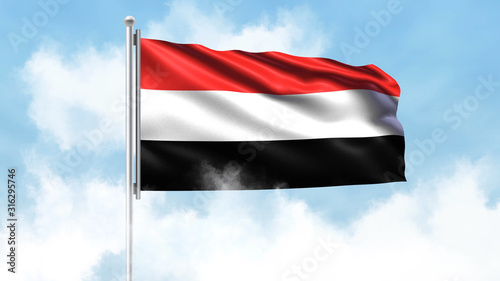 Yemen Flag Waving with Clouds Sky Background