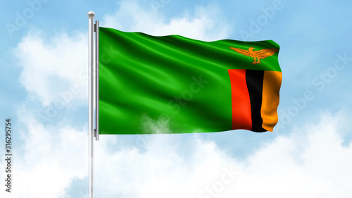 Zambia Flag Waving with Clouds Sky Background