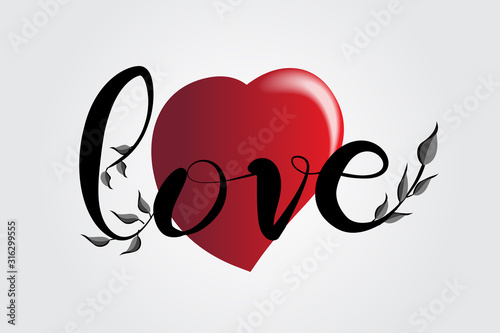 Love heart with text lettering handmade leaf decoration logo vector image 
