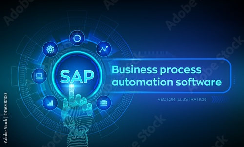 SAP Business process automation software. ERP enterprise resources planning system concept on virtual screen. Robotic hand touching digital interface. AI. Artificial intelligence. Vector illustration.