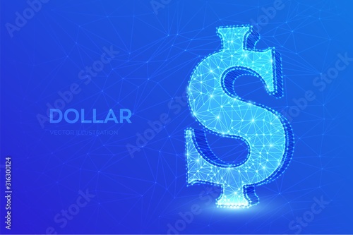 Dollar. Low poly abstract mesh line and point United States Dollar sign. USD currency icon. American currency. Cash and money, wealth, payment symbol. 3D polygonal vector illustration.