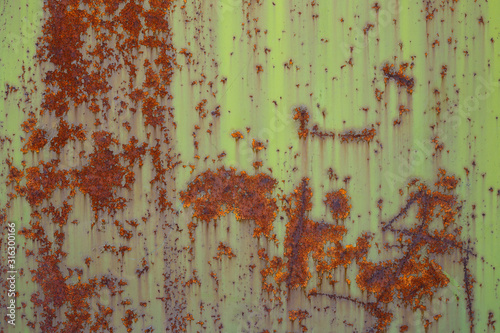 Old rusted metal texture. The surface of an uneven green iron wall. Perfect for background and grunge design.