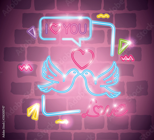 set of valentine icons in neon light