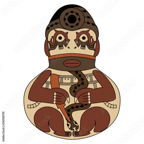 Isolated vector illustration. Funny seated character. Ancient Peruvian tribal art from Nazca. 