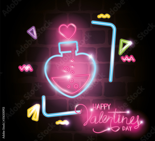 happy valentines day label in neon light, icons valentine day