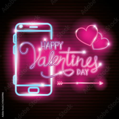 happy valentines day label in neon light, icons valentine day