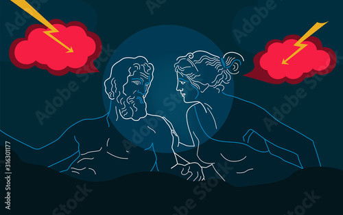 Vector illustration topic of family relations, love, sex, dispute resolution, quarrel, misunderstanding. Ancient Greek gods Zeus, Hera argue in bed on dark background. Website cover, article, banner.