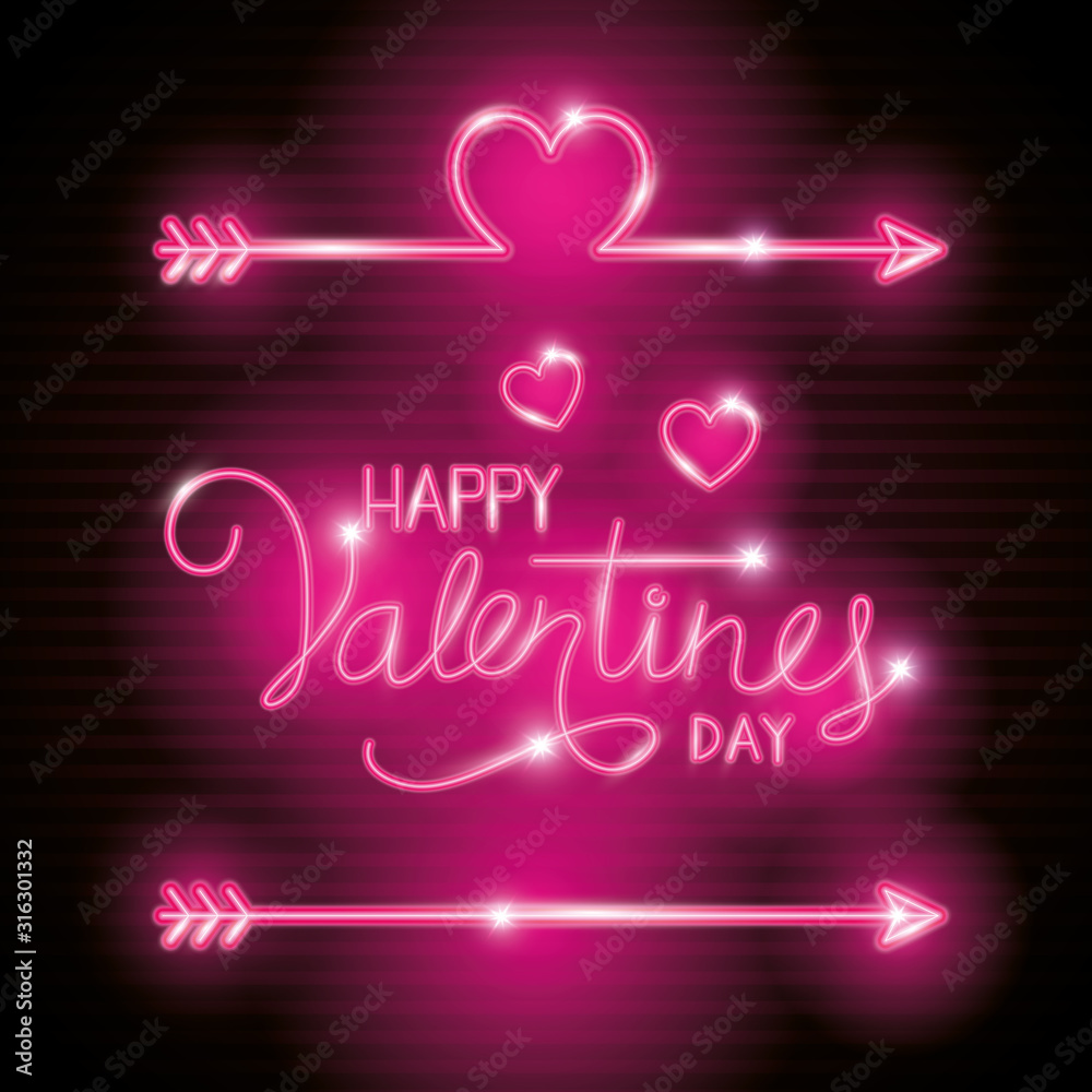 happy valentines day label in neon light, icons valentine day