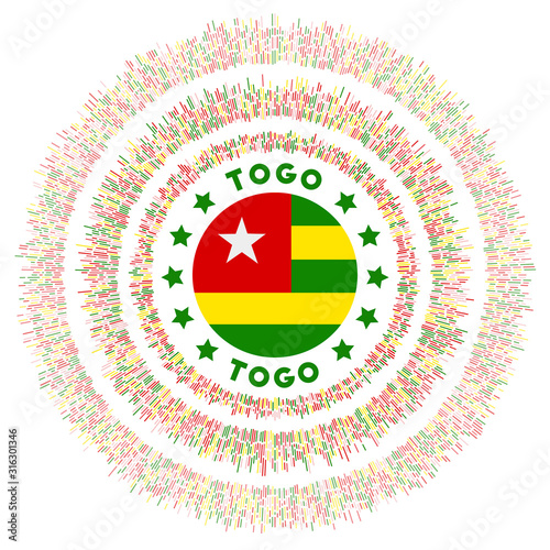 Togo symbol. Radiant country flag with colorful rays. Shiny sunburst with Togo flag. Awesome vector illustration.