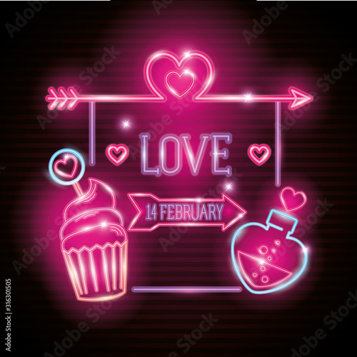 set of valentine icons in neon light