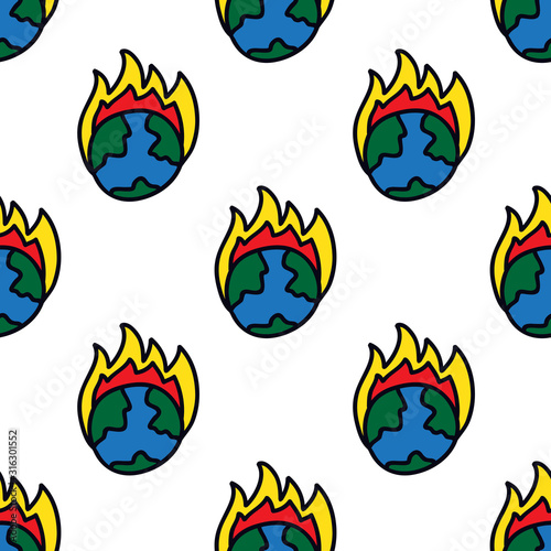 earth on fire seamless doodle pattern, vector illustration