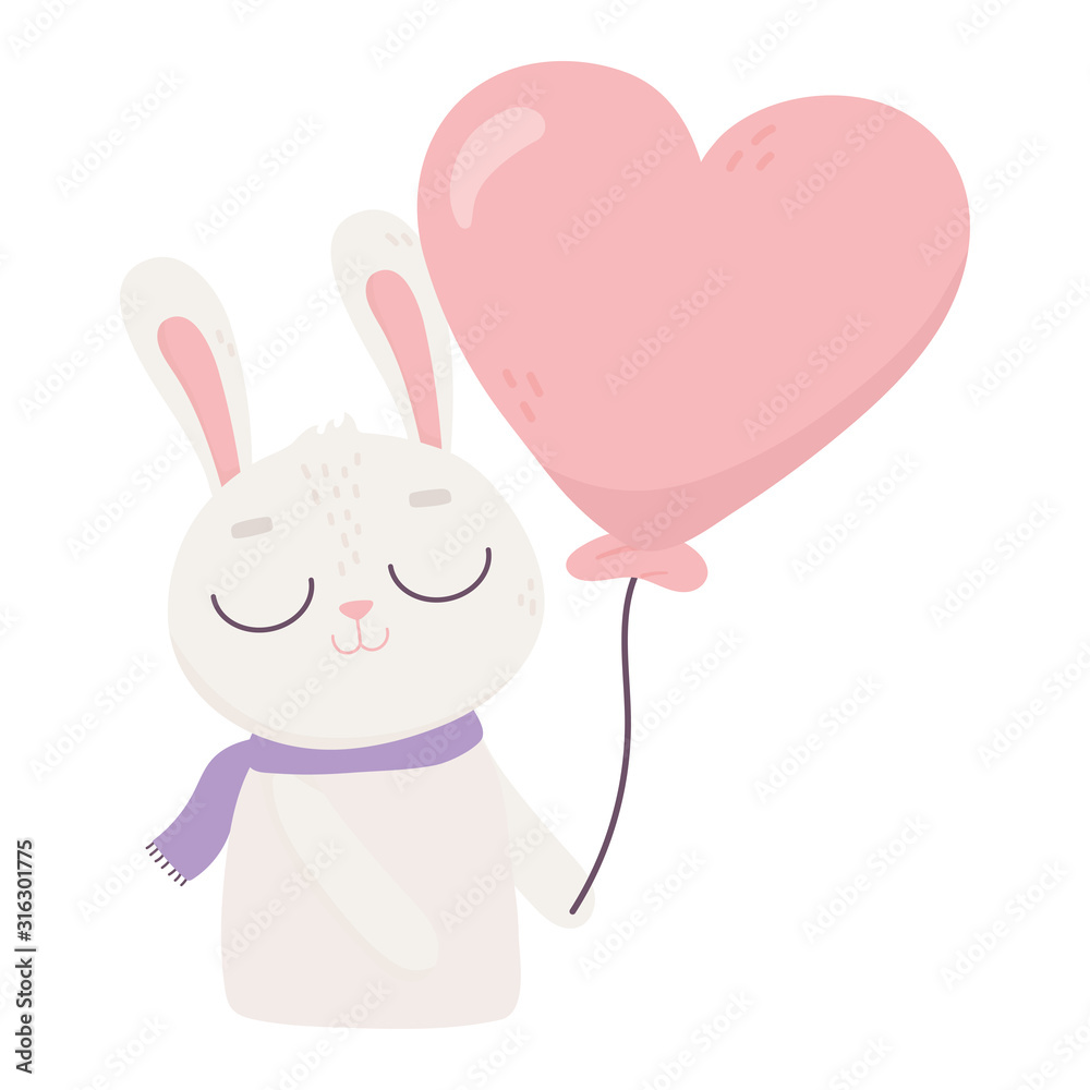happy valentines day, cute bunny with balloon shaped heart love happy valentines day, cute bunny with balloon shaped heart love