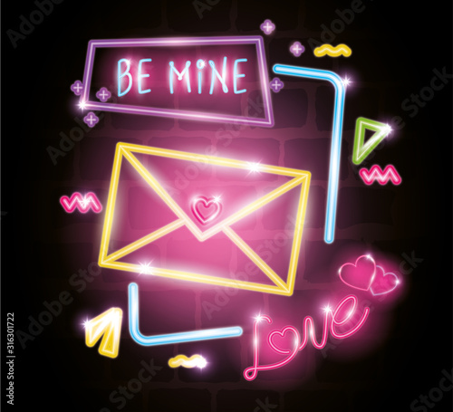 set of valentine icons in neon light