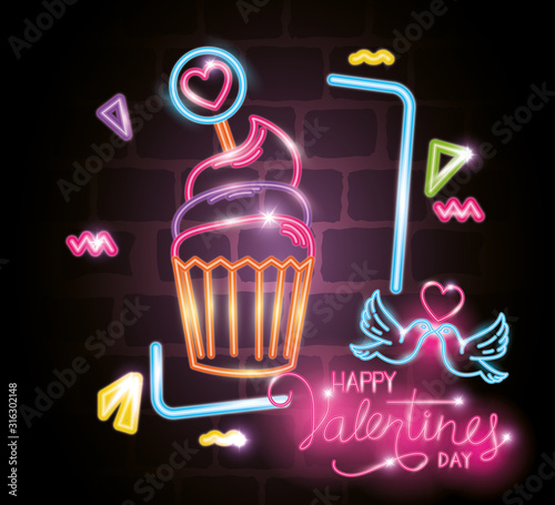 happy valentines day label in neon light, icons valentine day