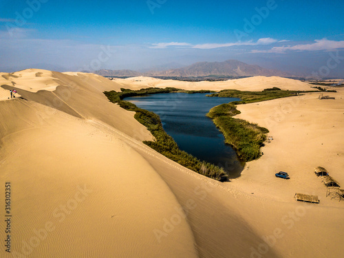 Aerial view of Amazing lake in middle of the desert in Pisco, Peru. Moron Lake.