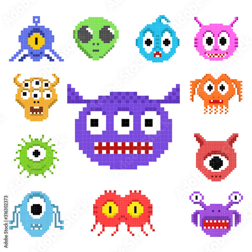 Pixel art aliens isolated vector set