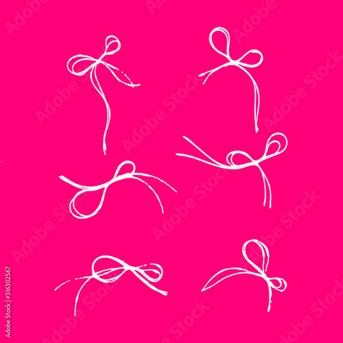 Set of thread scribble bows, double-looped knots for presents wrapping, Valentines day gift box decoration. Outline abstract scrawl sketch. Vector stock illustration of chaotic doodle shapes. EPS 10