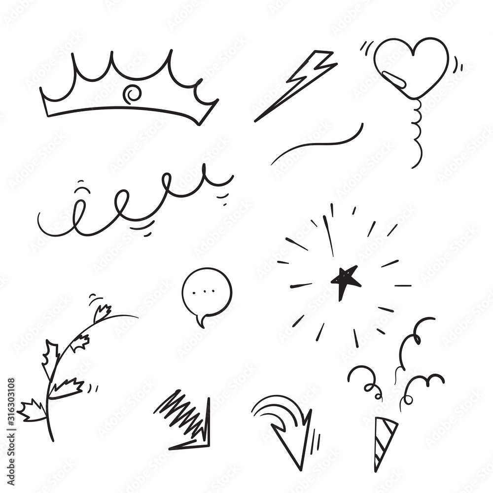 doodles collection of curly arrow. swishes, swoops, swirl, heart, love, crown, firework, highlight text and emphasis element isolated background