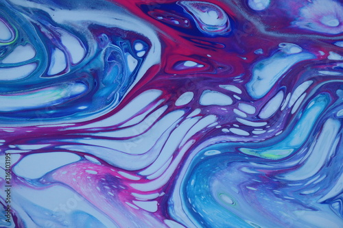 White cells bend and stretch through shades red and blue in this abstract arylic pour painting for background use.