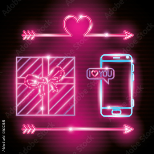 set of valentine icons in neon light vector illustration design