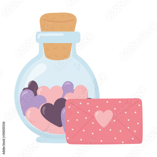 happy valentines day, bottle glass dotted envelope message love