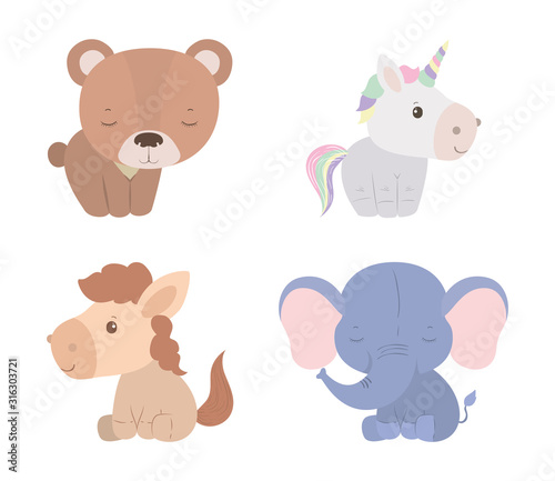 Cute bear unicorn horse and elephant cartoon vector design