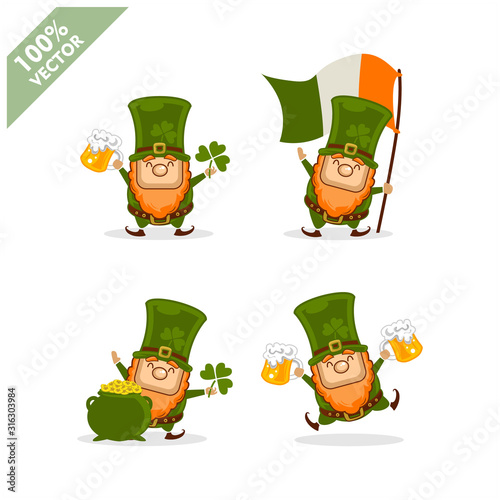 Saint Patrick's Day. Funny Leprechaun with four different poses activity. Vector illustration cartoon isolated silhouette