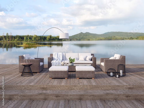 Outdoor terrace living area with beautiful lake and mountain view 3d render,There are old wood floor,Decorate with rattan furniture,Surrounded by nature