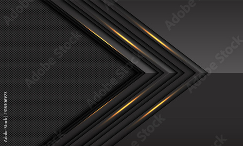 Abstract dark grey gold light metallic arrow direction with circle mesh pattern blank space design modern luxury futuristic technology background vector illustration.