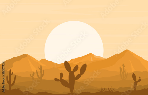 Day in Vast Desert Rock Hill Mountain with Cactus Horizon Landscape Illustration