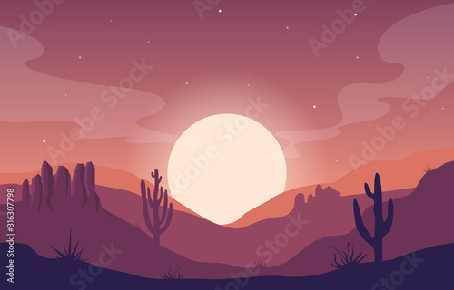 Day in Vast Western American Desert with Cactus Horizon Landscape Illustration