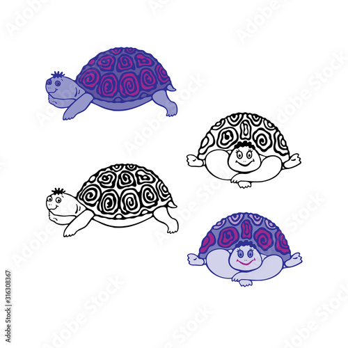  Funny turtles isolated on white background. Freehand sketch for adult anti stress coloring page with doodle elements. Can be used for children's books, t-shirts, design of children's rooms and other 