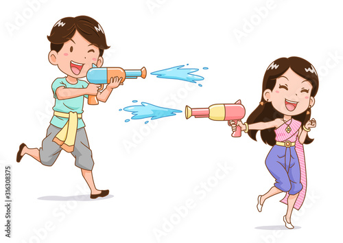 Cartoon character of boy and girl playing water gun in Songkran festival, Thailand.	