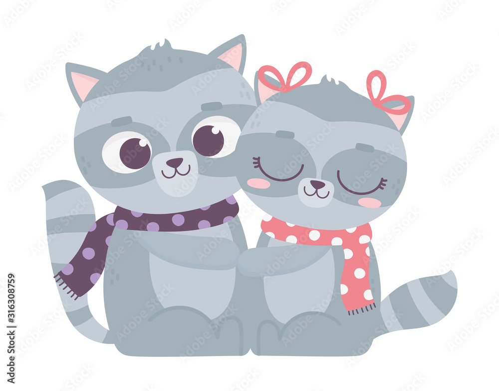 happy valentines day, cute couple raccoon with scarves