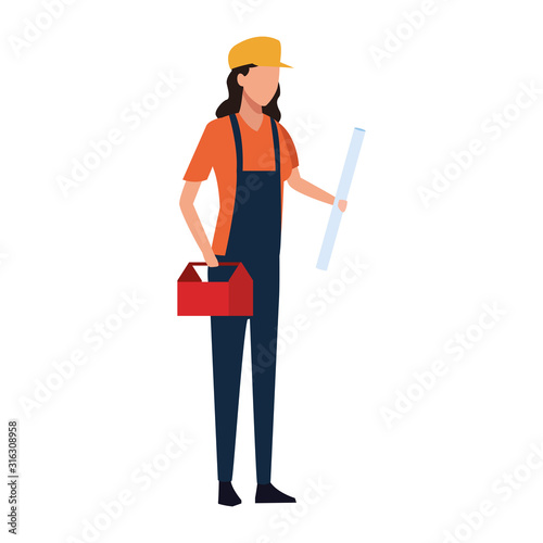 builder woman with toolsbox icon, colorful design